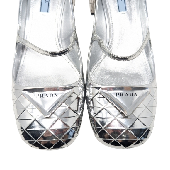 NEW PRADA Venice Metallic Silver Mary Jane Leather Heel Size EU 38 - Picture 4 of 16